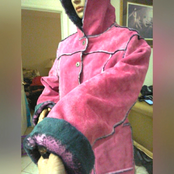 VINTAGE Newport News Pink Leather Suede Jacket W/ Faux Fur (CRAZY GORGEOUS) XL - Picture 10 of 16